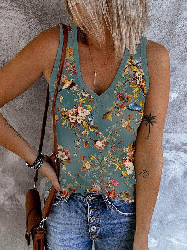 Women's Vintage Flowers Bird Art Ribbed Button V Neck Tank Top