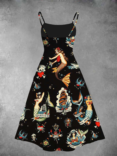 Women's Vintage Mermeid Print Two-Piece Dress
