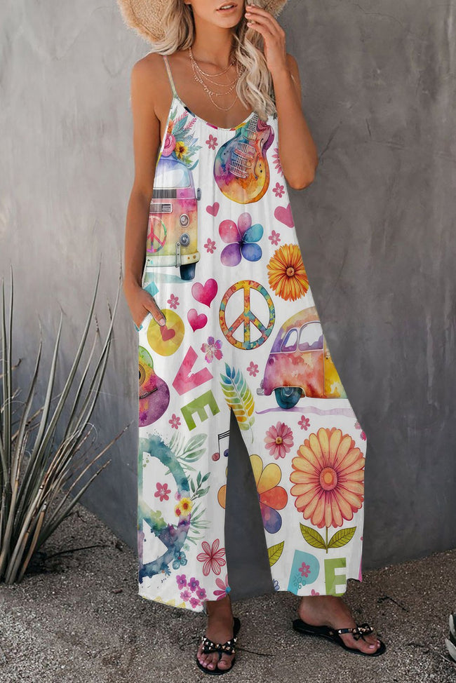 Peace And Love Floral Print Wide leg Jumpsuit with Pockets