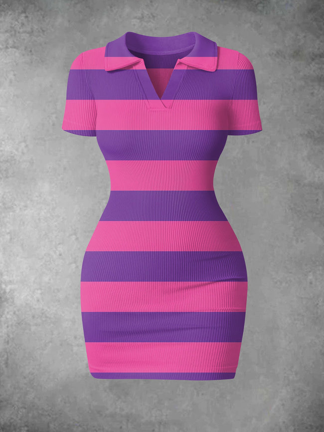 Women's Vintage Wonderland Cat Stripe Print Ribbed Bodycon Mini Dress