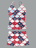 Women’s V-neck Vintage American Flag Stars Stripes Mermaid Print Suspender Skirt Tankini Set Swimsuit