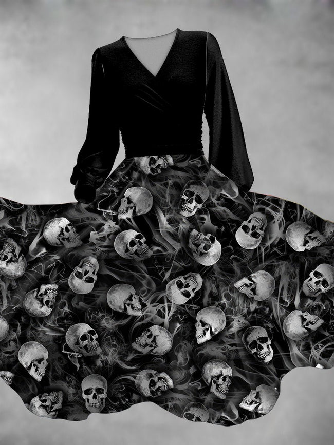 Women's Vintage Halloween Skull Print Lantern Sleeve Maxi Dress