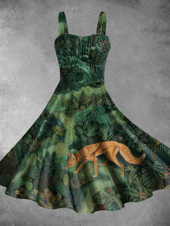 Vintage Animal And Plant Abstract Print Backless Dress