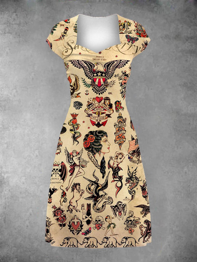 Women's Retro Sailor Print Patchwork Casual Midi Dress