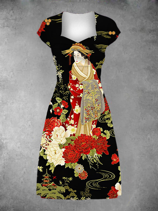 Women's Kyoto Geisha Garden Print Patchwork Casual Midi Dress