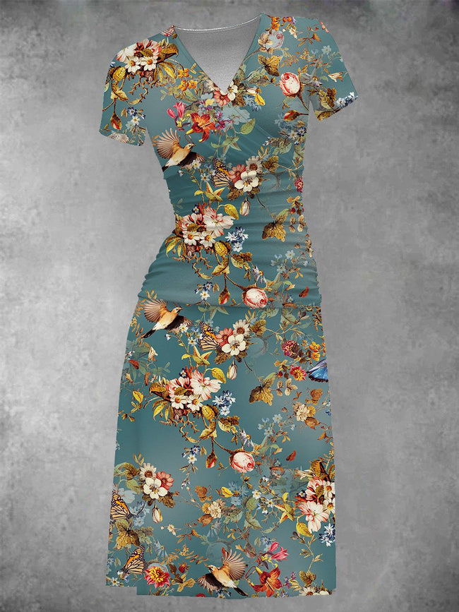 Women's Vintage Flowers Bird Art Print Two-Piece Midi Dress
