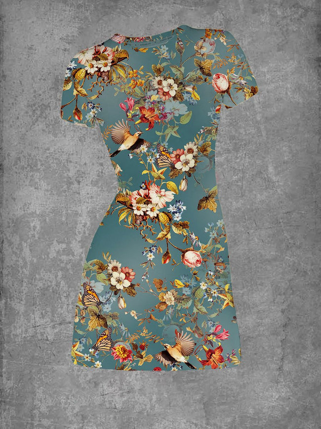 Women's Vintage Flowers Bird Art Print Crew Neck T-Shirt Dress