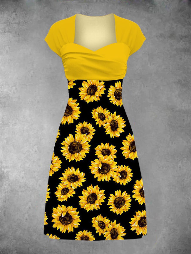 Women's Sunflower Print Patchwork Casual Midi Dress