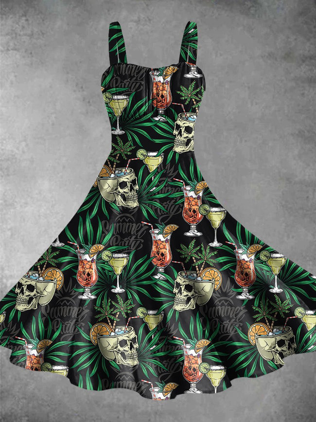 Vintage Summer Skull Cocktail Print Backless Dress