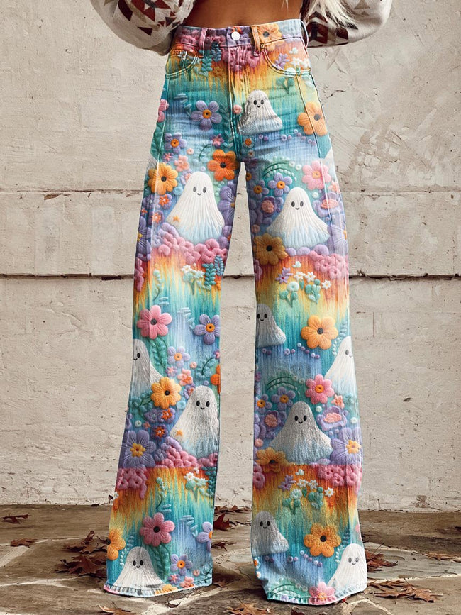 Women's Vintage Lovely Ghost Print Casual Wide Leg Pants