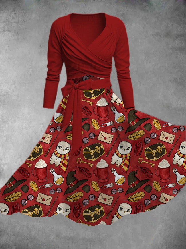 Women's Vintage Halloween Wizard Print Two-Piece Dress