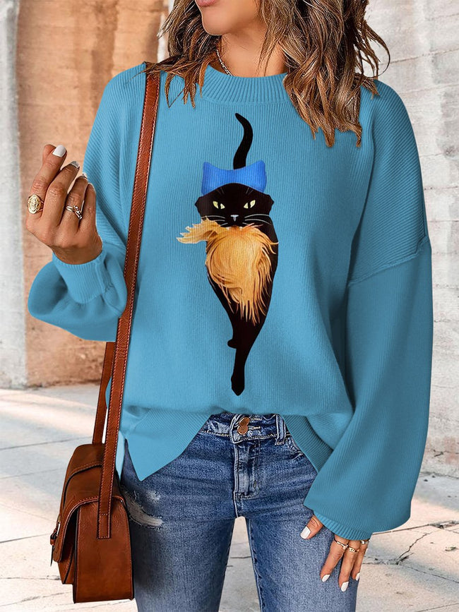 Colorful Cat Print Casual Knit Pullover Sweater