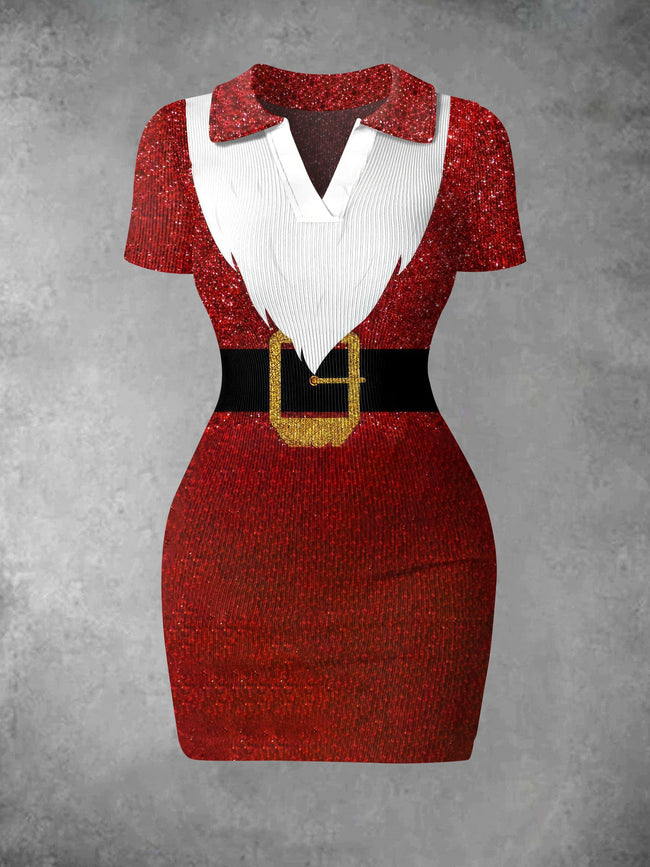 Women's Vintage Santa Costume Print Ribbed Bodycon Mini Dress