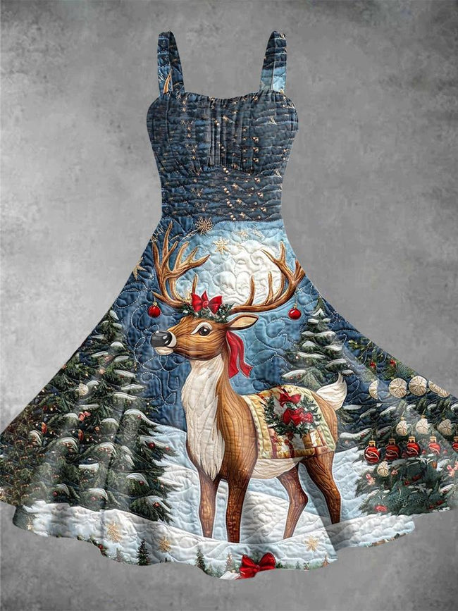 Vintage Halter Dress In Christmas Deer Print