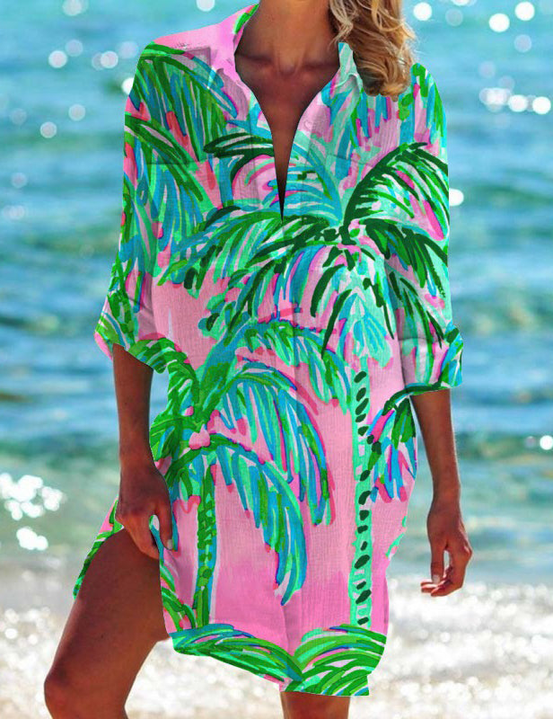 Women's Palms Print Beach Shirt Dress