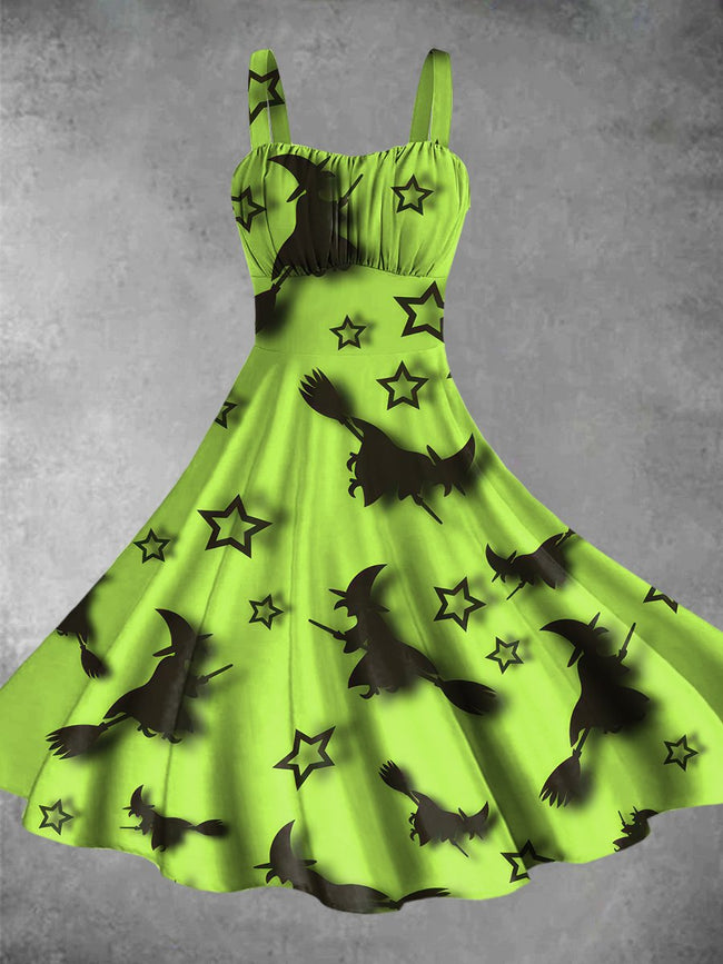 Vintage Halloween Witch Print Backless Dress