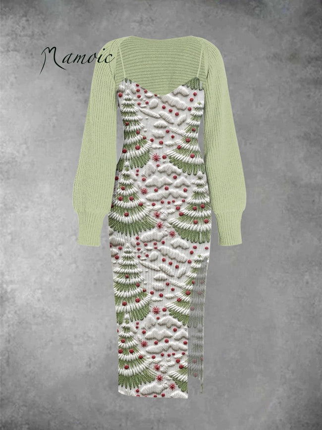 Vintage Stereoscopic Christmas Tree Print Knit Cami Split Midi Dress & Crop Top