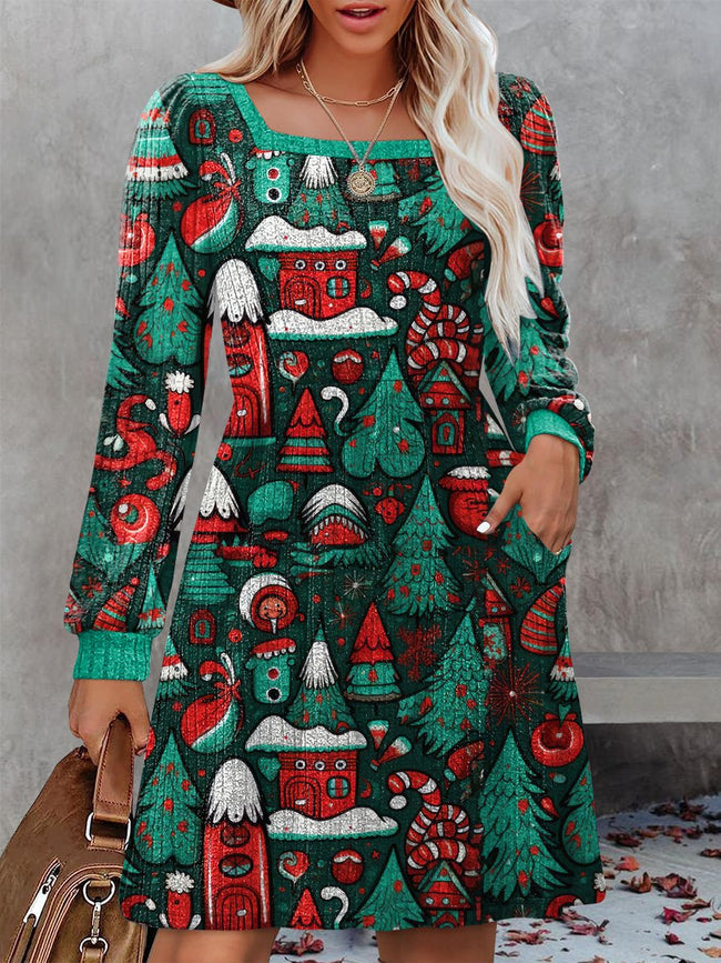 Vintage Christmas Tree Print Knit Sweater Dress with Pockets