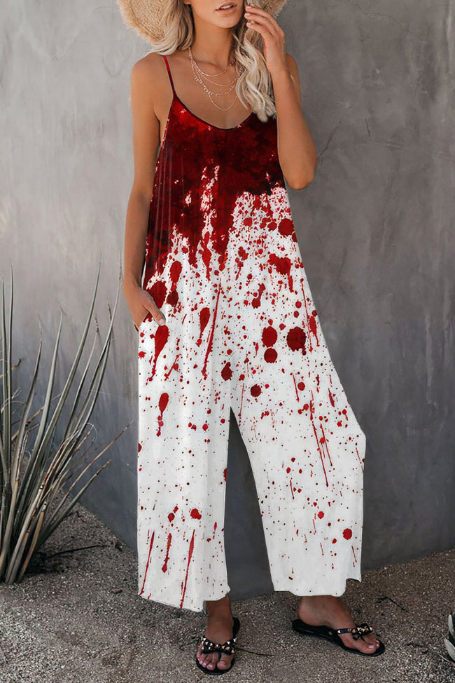 Vintage Halloween Blood Print Wide leg Jumpsuit with Pockets