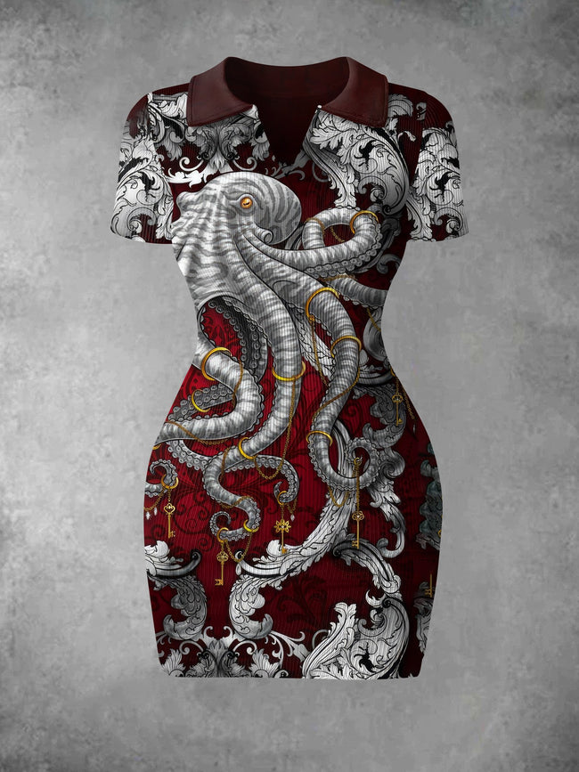 Women's Vintage Octopus Print Ribbed Bodycon Mini Dress