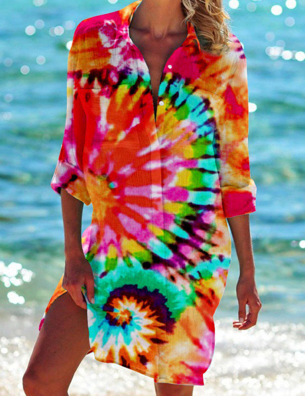 Women's Tie Dye Print Beach Shirt Dress