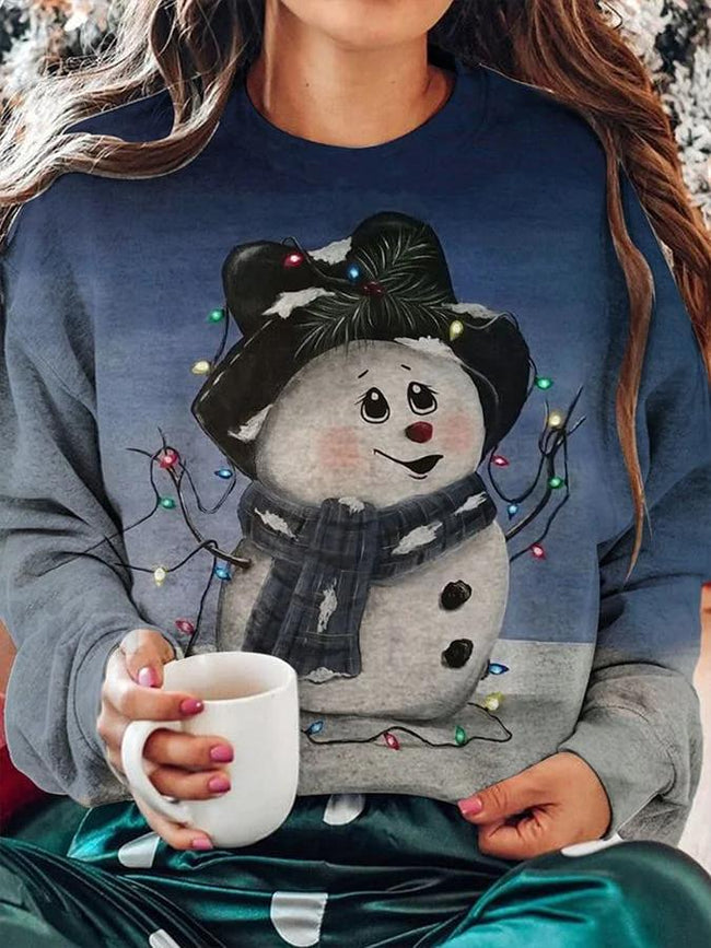 Vintage Christmas Snowman Print Crew Neck Long Sleeve Sweatshirt