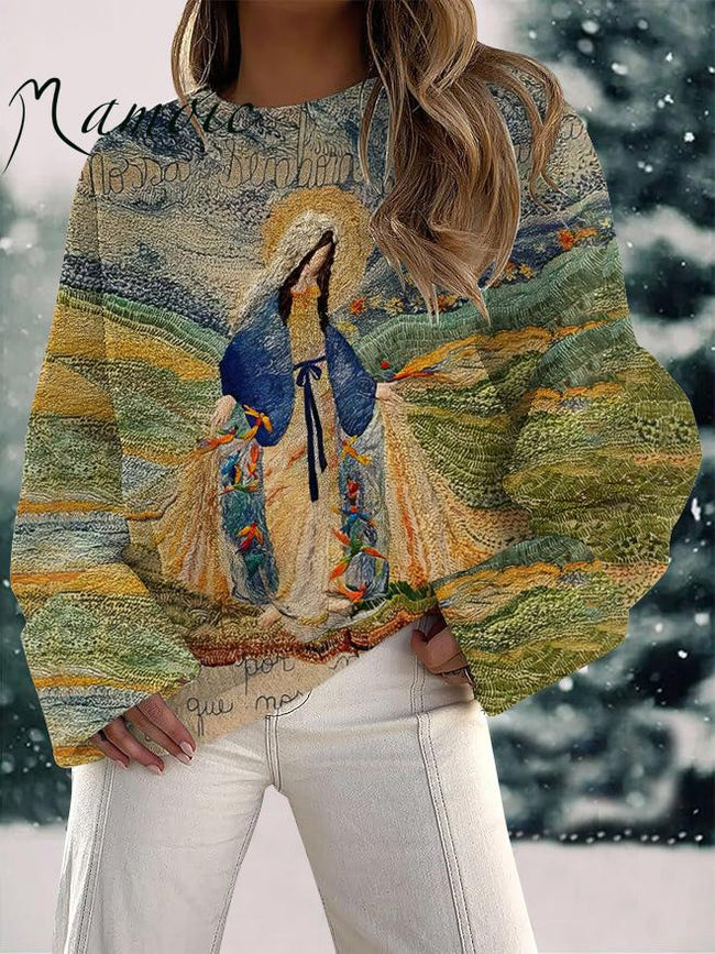 Women's Cloth Madonna Print Fuzzy Knit Casual Pullover Sweaters