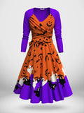 Women's Vintage Halloween Pumpkin Smiley Ghost Pattern Two-Piece Dress