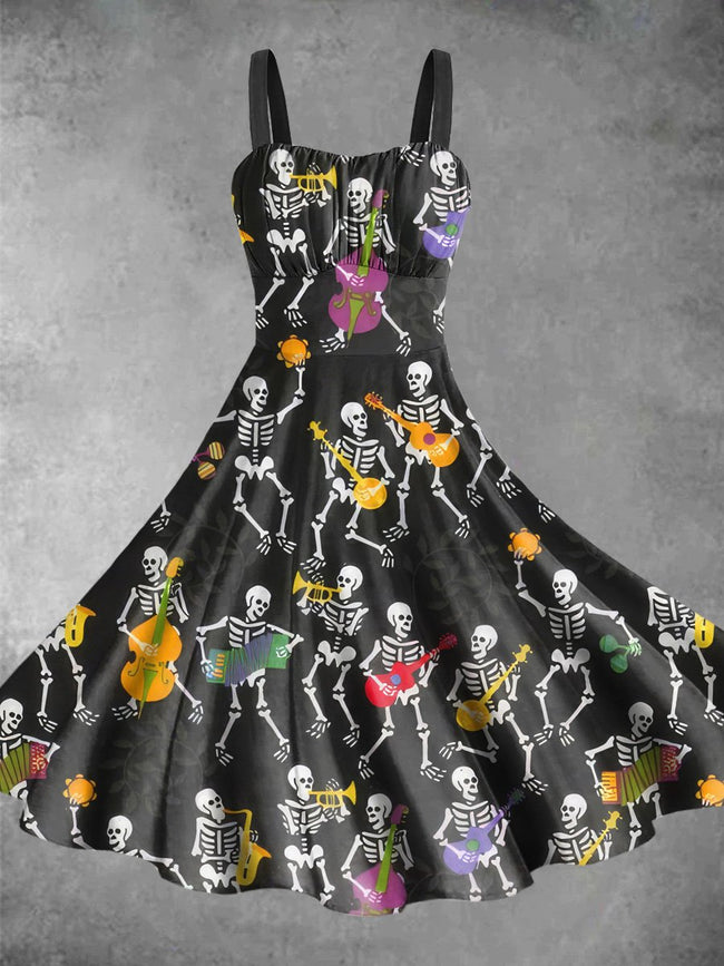 Vintage Skeleton Dance Print Backless Dress