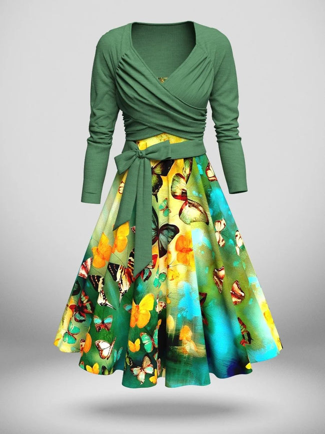 Women's Vintage Butterfly Pattern Two-Piece Dress