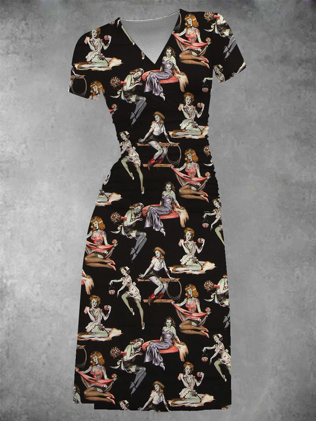 Women's Vintage Zombie Woman Print Midi Dress