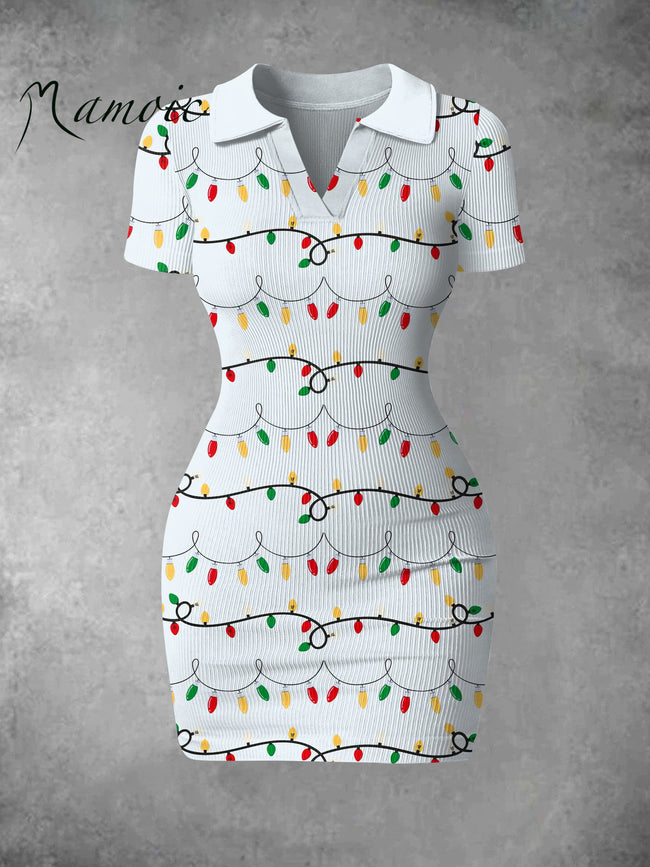 Women's Vintage Christmas Atmosphere Print Ribbed Bodycon Mini Dress