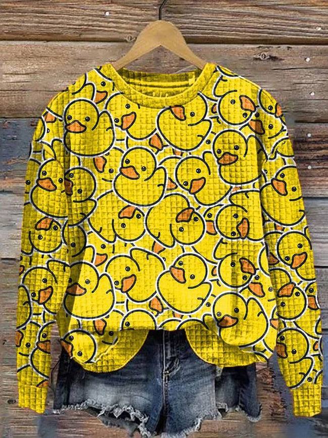 Vintage Cute Yellow Duck Print Waffle Fabric Sweatshirt