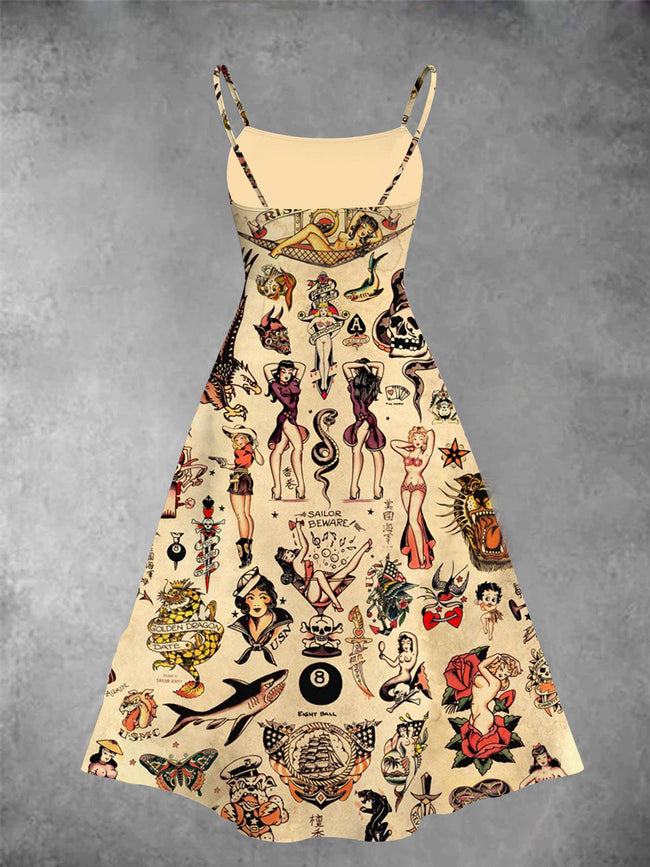 Women's Vintage Sailor Jerry Tattoo Print Two-Piece Dress