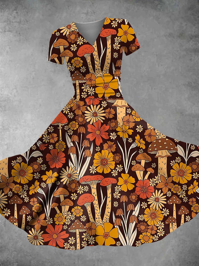 Women's Retro 1970s Brown and Orange Mushrooms and Flowers Print Maxi Dress