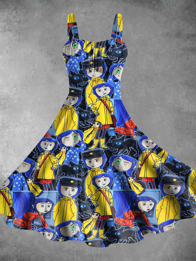 Vintage Cute Cartoon Print Backless Dress