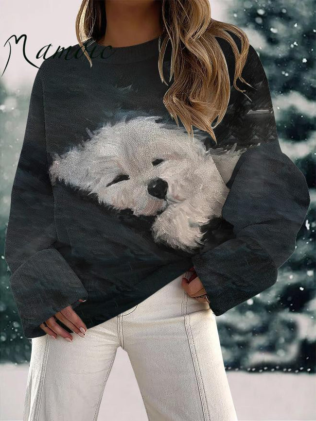 Women's Cute Puppy Print Fuzzy Knit Casual Pullover Sweaters