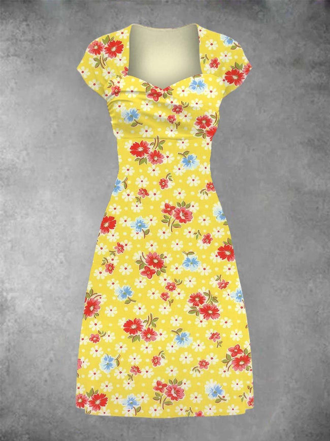 Women's Retro Floral Print Patchwork Casual Midi Dress