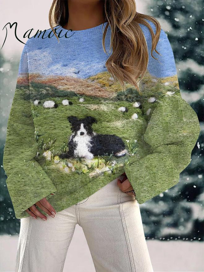 Women's Felt Border Herders and Sheep Print Fuzzy Knit Casual Pullover Sweaters