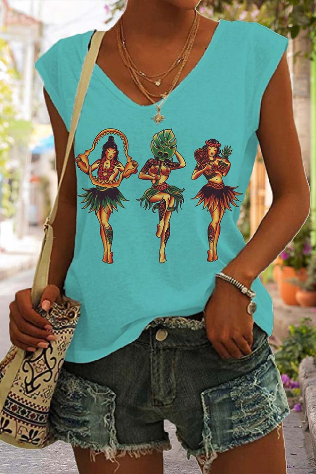 Women's Vintage Hawaii Hula Girl Print Sleeveless Tank Top