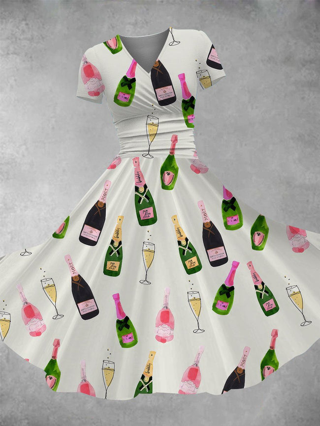 Women's Vintage Champagne Bottle Print Maxi Dress