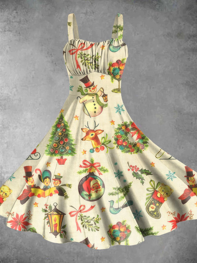 Vintage Christmas Print Backless Dress