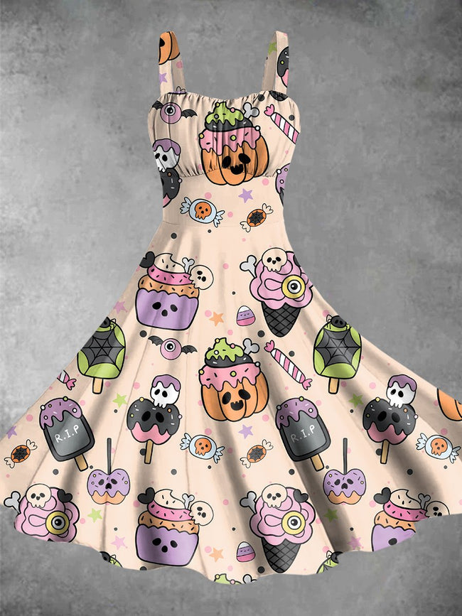 Vintage Halloween Cakes and Pastries Print Backless Dress