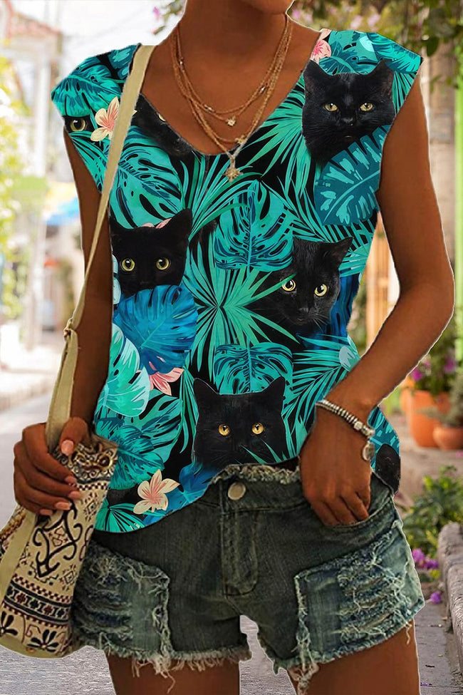 Women's Tropical Plants And Black Cat Print Sleeveless Tank Top