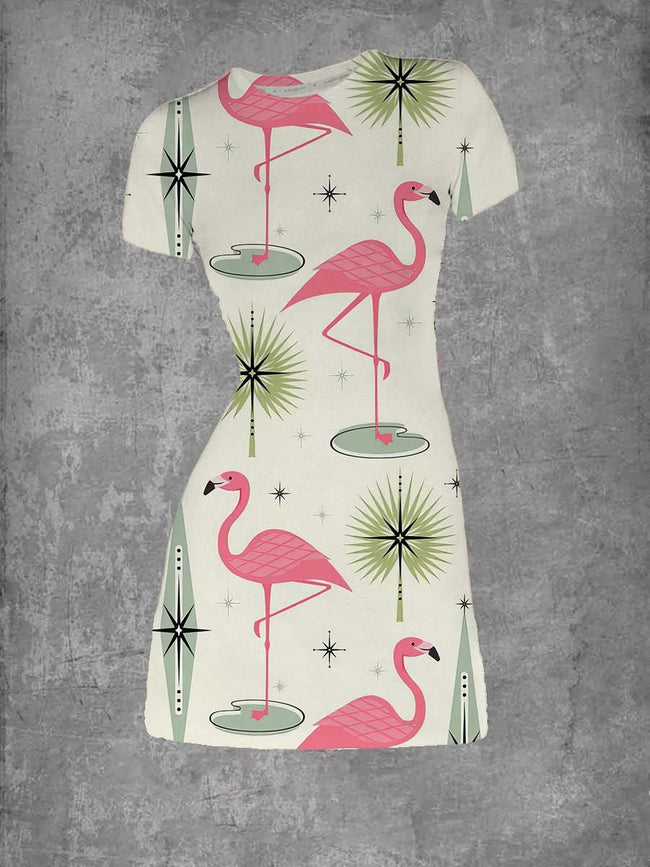 Women's Vintage Atomic Flamingo Oasis Print Crew Neck T-Shirt Dress