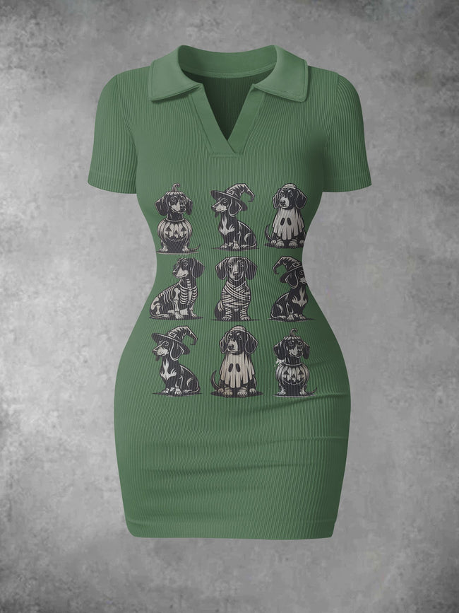 Women's Vintage Halloween Dog Print Ribbed Bodycon Mini Dress