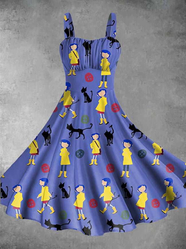 Vintage Cute Cartoon Print Backless Dress