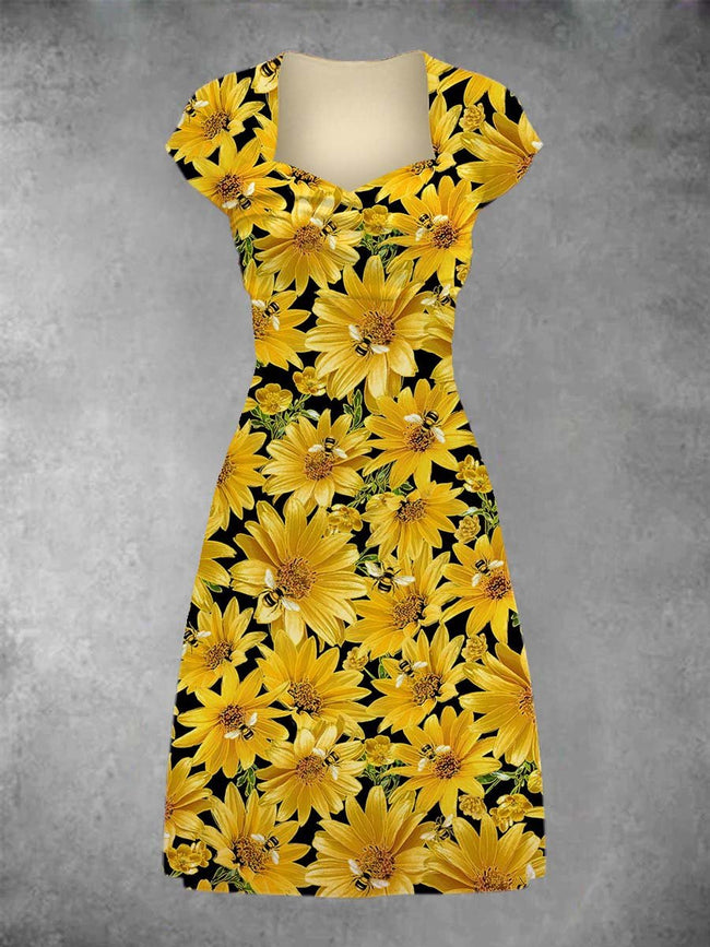 Women's Chrysanthemum Print Patchwork Casual Midi Dress