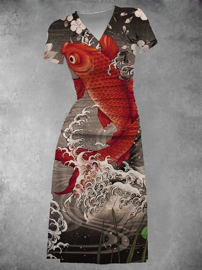 Women's Vintage Koi Fish Print Midi Dress