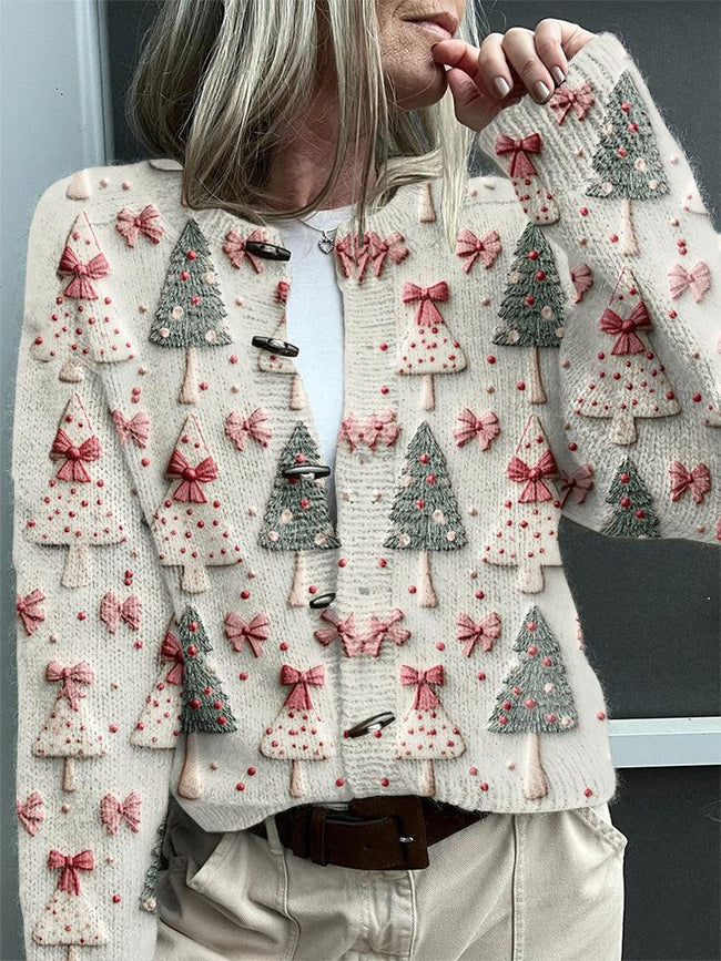 Vintage Christmas tree print button up cardigan